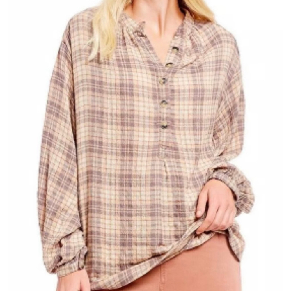 Free People plaid quarter button up top